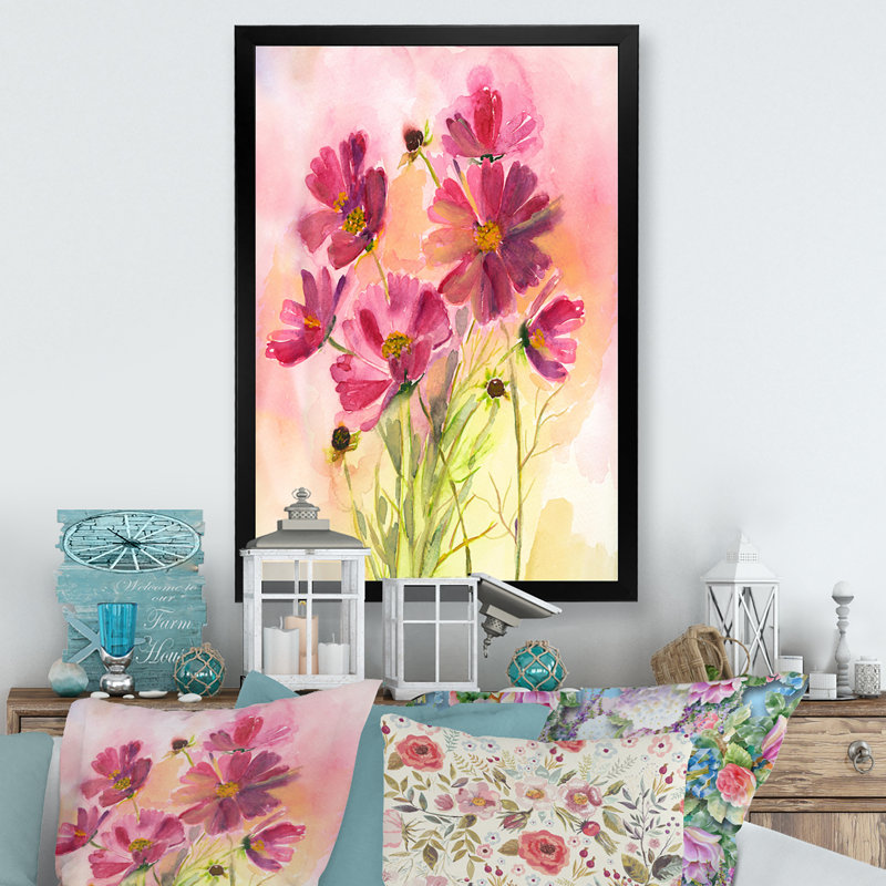 Cosmos fleurs roses - reproduction de cadre photo sur toile, H 32 po x l 16 po x P 1 po, Cadre noir