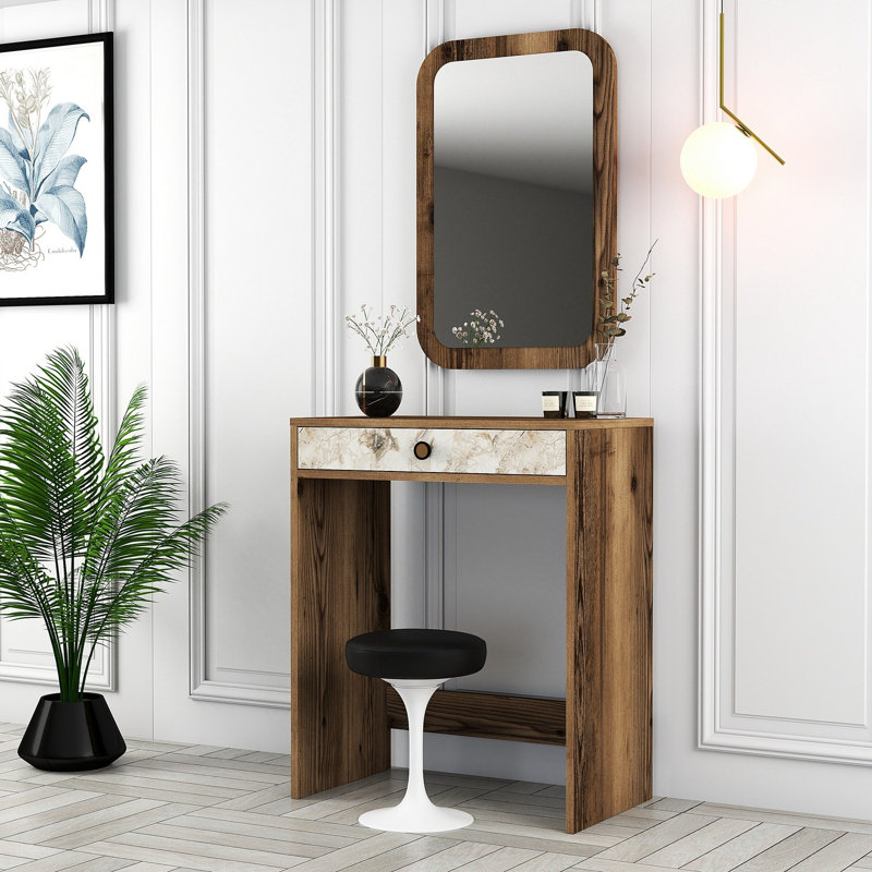 Modern Make-Up Table with Mirror, 27.6 x 15.7 x 33.3 inches | 100% Melamine Coated Particle Board, Thickness: 0.7 inches | Stylish & Functional Design for Beauty & Grooming Spaces
