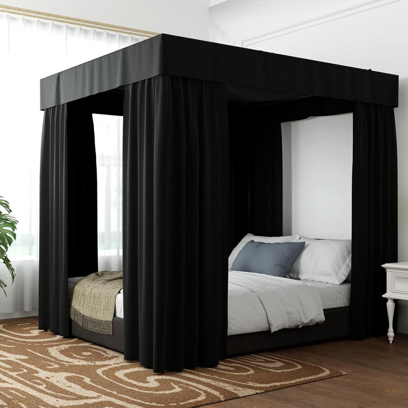 Black Canopy Bed Drapes - 4 Corner Post Canopy Queen Bedroom Decoration (Queen, Black)
