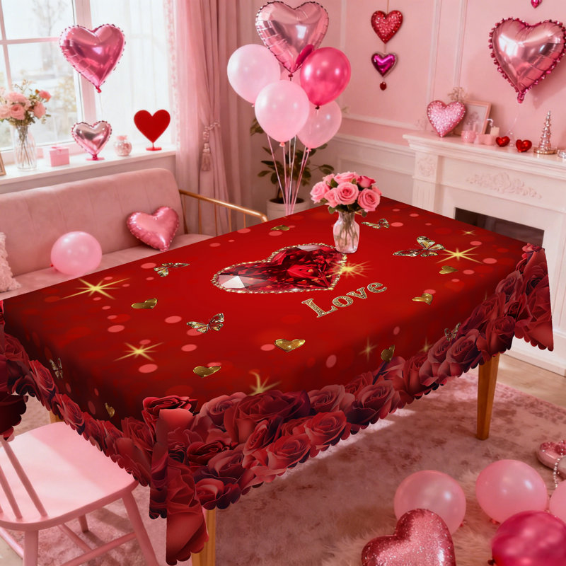 Valentine's Day Tablecloth - Red Rose & Crystal Heart Decorative Table Cover, Romantic Love-Themed Fabric Tablecloth for Valentine Dinner, Holiday Party, Kitchen Dining, Reusable Washable Tablecloth , Elegant Valentine Home Decor for Rectangular Tables