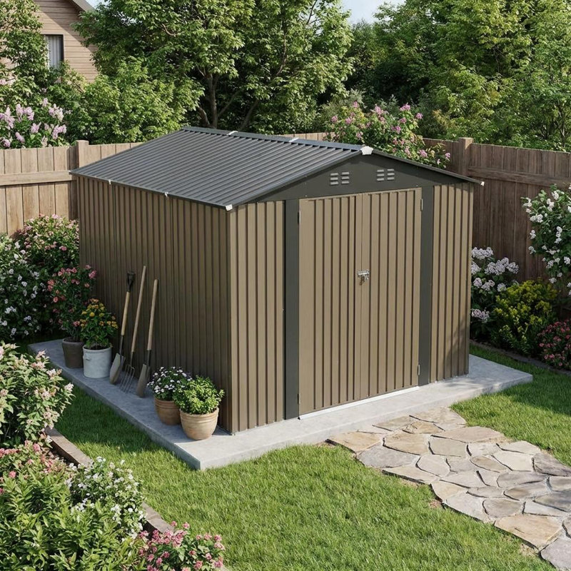 10 ft. W x 10 ft. D Outdoor Metal Storage Shed with Sloping Roof & Double Door, Brown, Brown
