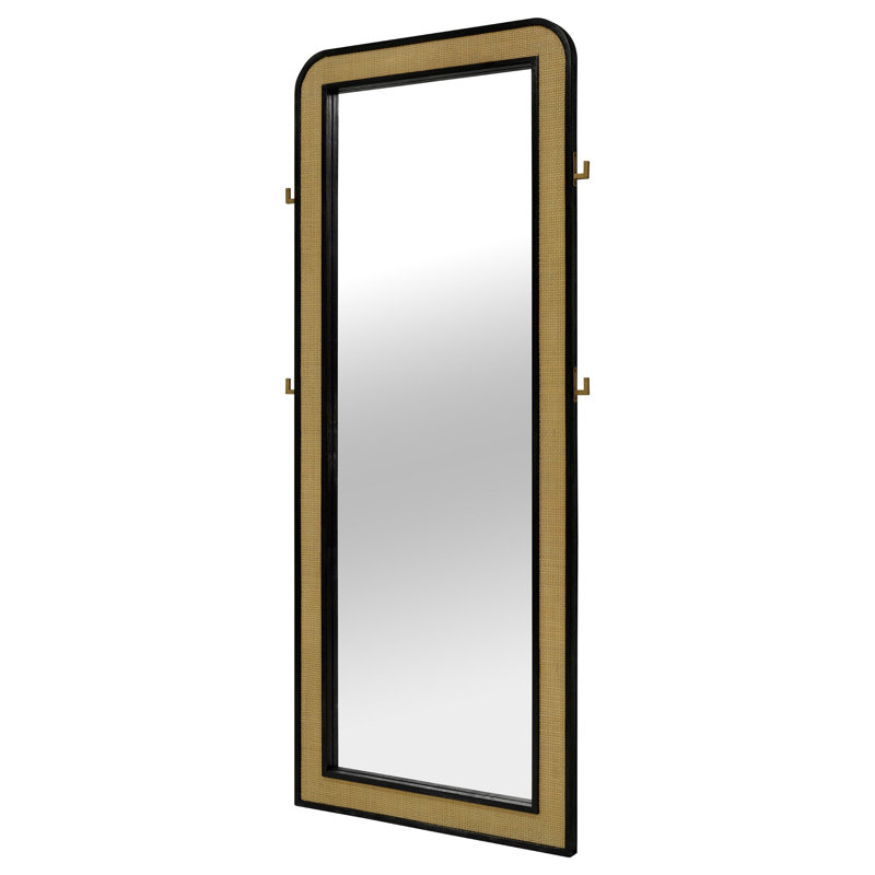 Miroir sur pied Fij 76 po, rotin brun, bois noir