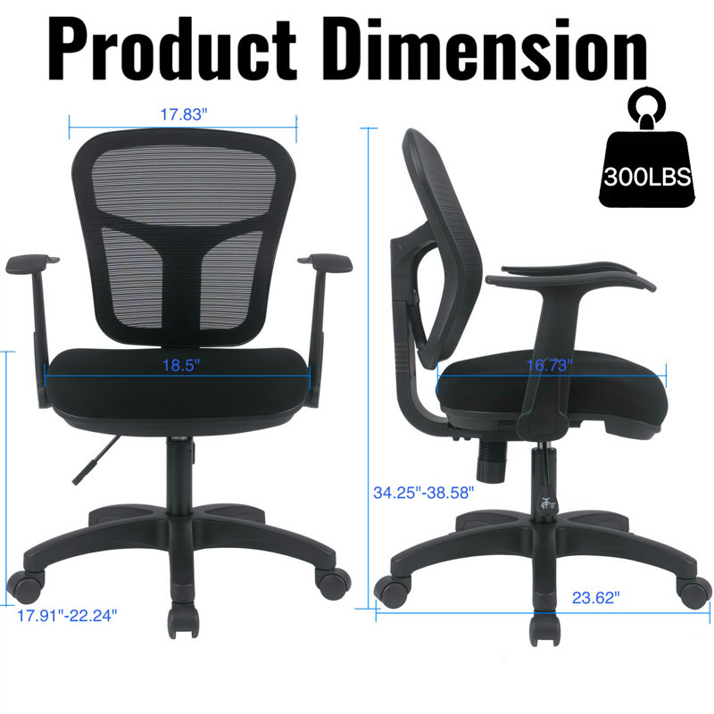 Chaise de bureau pivotante en filet, chaise de bureau à hauteur et dossier réglables, chaise de bureau ergonomique à bras fixe pour petit bureau