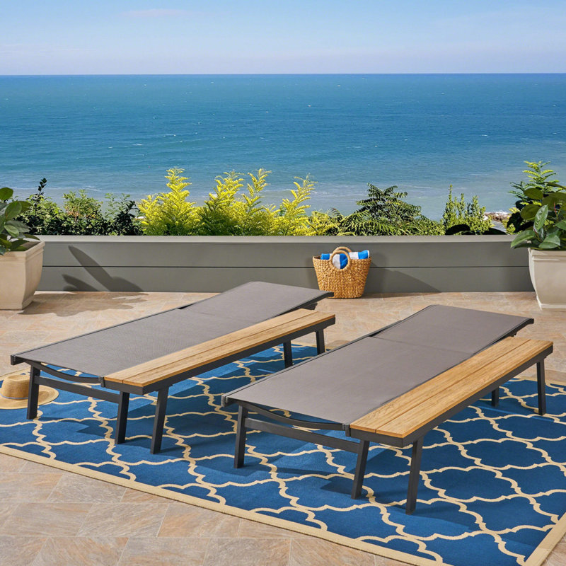 Gray and Black Mesh and Aluminum 2-Person Chaise Lounge Set