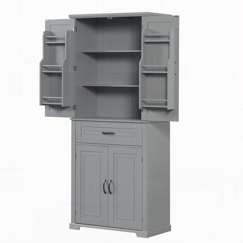 Armoire de rangement pour salle de bain avec portes et tiroir, plusieurs espaces de rangement, tablette réglable, Gris