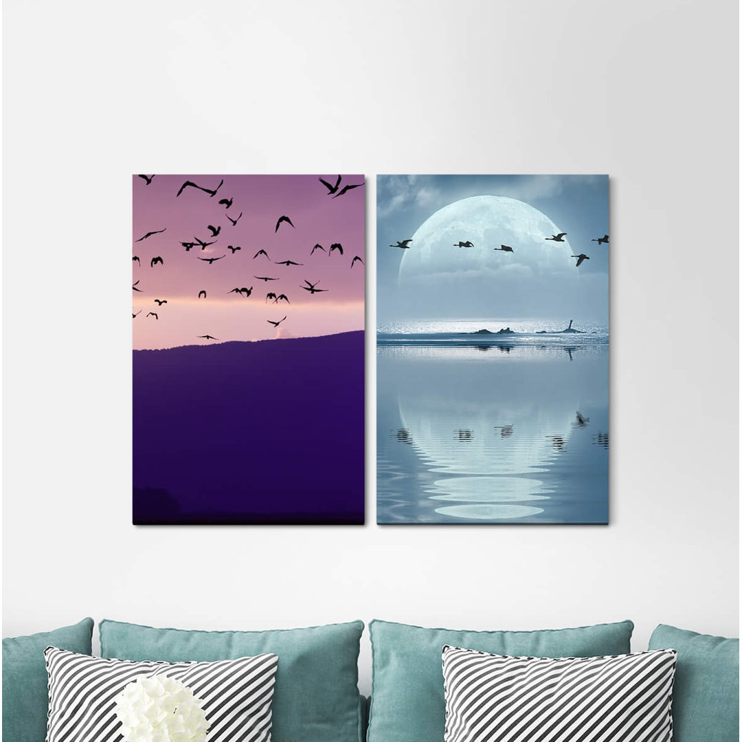 2-tlg. Leinwandbilder-Set - Grafikdruck „Birds Mountains Horizon Full Moon Sea Moon Mystic”