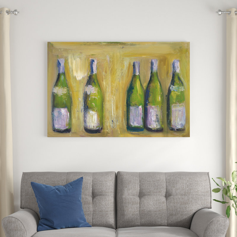 «French Wine Bottles» par Michael Clark, peinture sur toile tendue, H 32 po x l 48 po