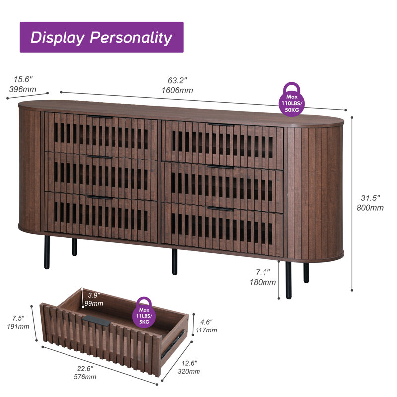 Modern 63" Fluted Tv Stand With 6 Drawers, Mid Centery Wooden Entertainment Center, Curved Edge Chest Of Drawers For Bedroom, Living Room