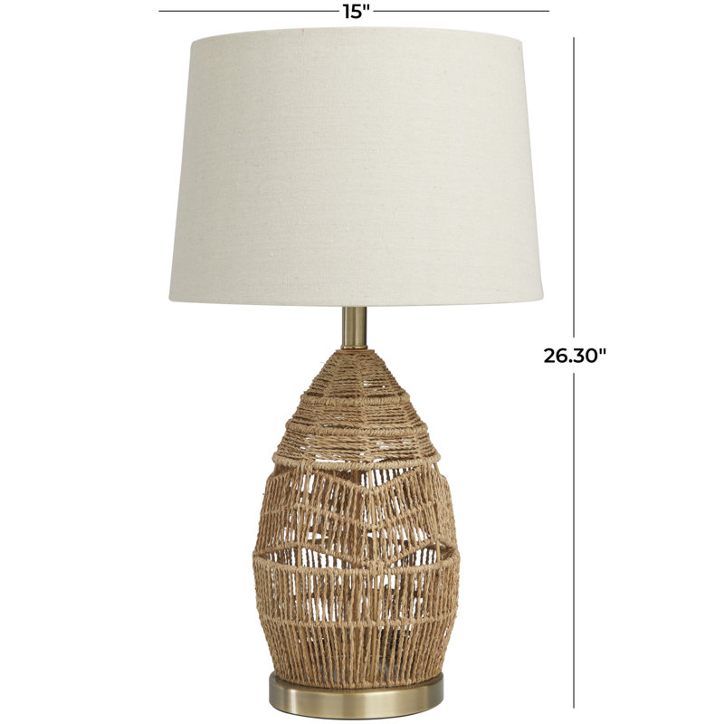 Gossard Wicker Wood Handmade Woven Brown Table Lamp with Zig Zag Pattern and Gold Base