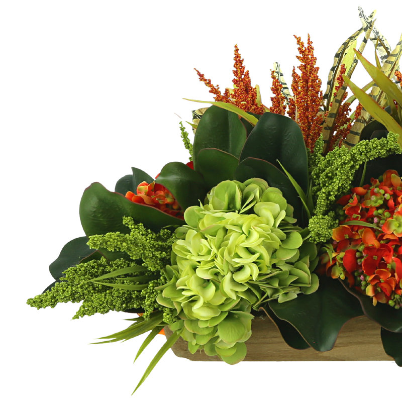 Assorted Hydrangea Fall Arrangement With Magnolia Leaves And Heather