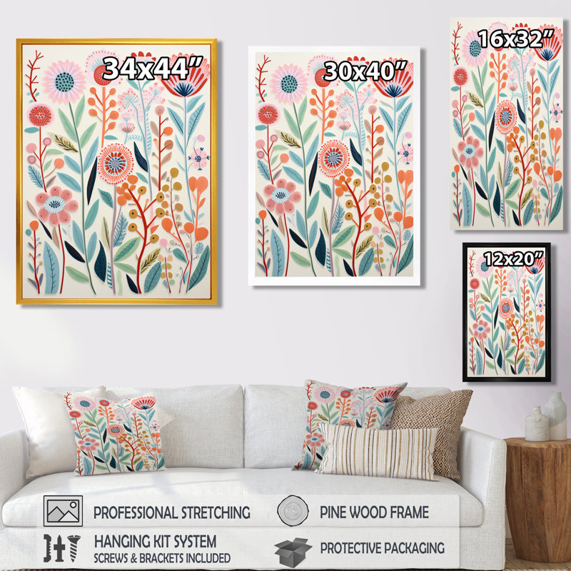 Blooming Wildflowers Retro Illustration - Botanicals Wall Art Living Room, H 20 po x l 12 po x P 1 po