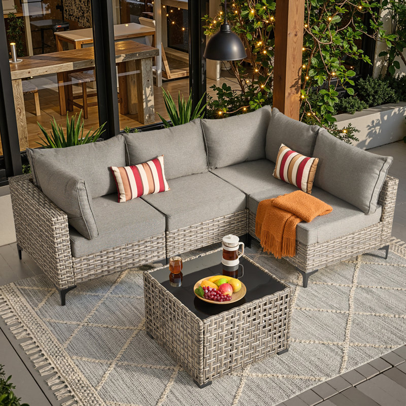 Sorella 5-Piece Outdoor Patio Furniture Set With Wicker Sectional Sofa & Lighted Coffee Table, Modern Patio Conversation Set For Porch, Deck & Backyard