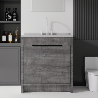 Meuble-lavabo autoportant de 36 po avec lavabo, porte à fermeture douce, comptoir et dosseret en marbre de granite blanc de 2 po, contreplaqué, gris