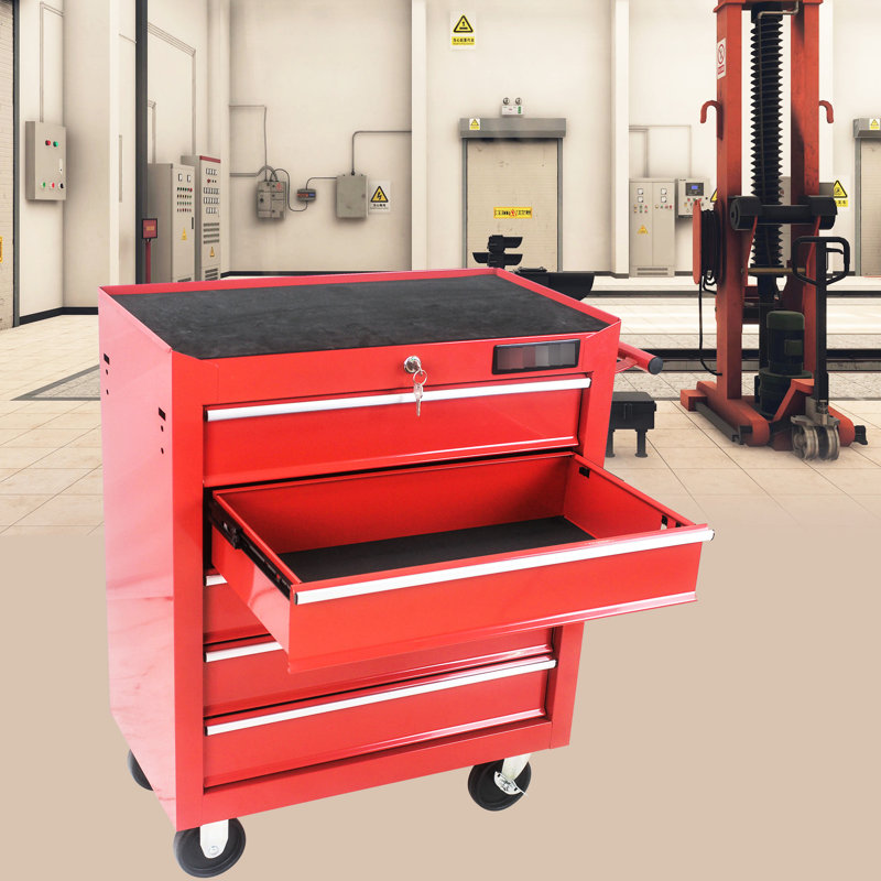 Armoire à outils à 5 tiroirs avec serrure et roues pivotantes - Acier enduit rouge pour système de verrouillage de rangement de garage et espace de rotation