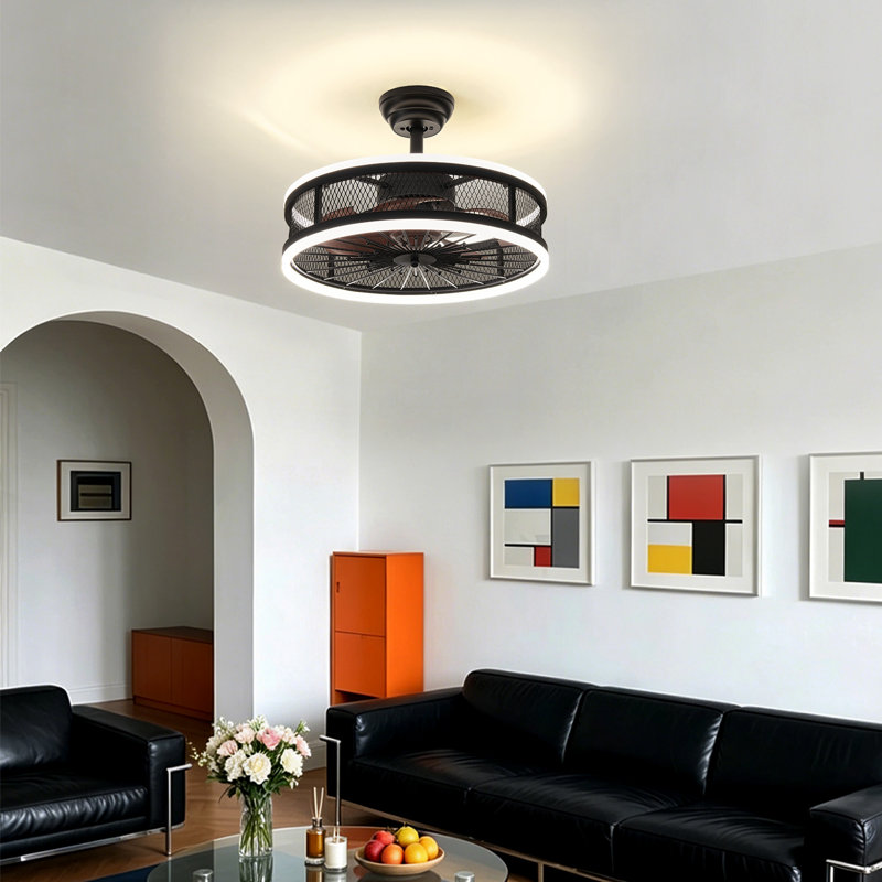 19.7" Industrial Caged LED Ceiling Fan Light with Remote Control, Dimmable, 3 Color Temperatures Selectable