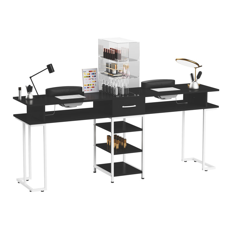 Bureau double en bois avec tablette en acrylique et collecteur de poussière, Noir