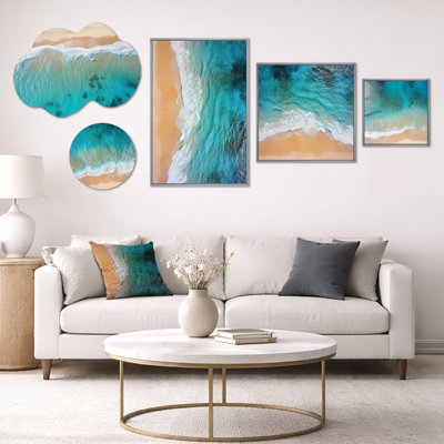 «Blue Tranquility Beach Aériel View III», art mural sur toile surdimensionné 5 pièces (100 po x 40 po)