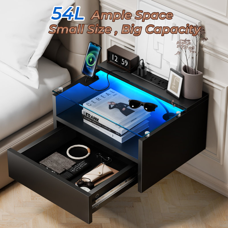 Carlette Floating Nightstands with Charging Station Floating Nightstand Set with Glass, Black, Set of 2