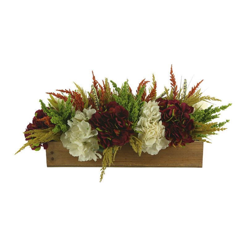 Fall Hydrangea Arrangement In Wooden Basket