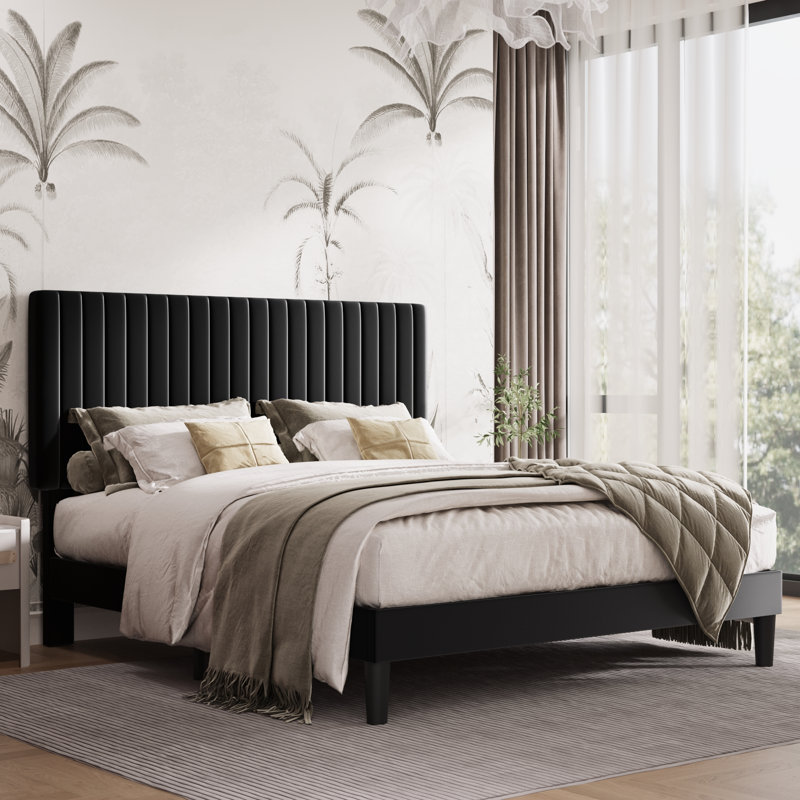 Dunphy Upholstered Platform Bed with Adjustable Headboard, Full, Black