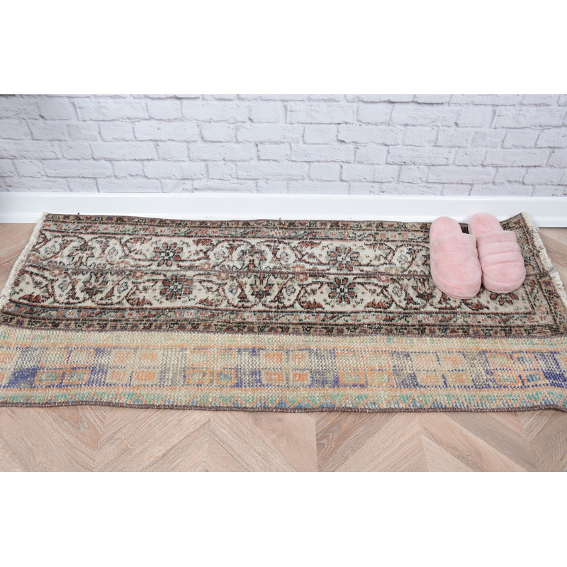 Vintage Turkish Small Floral Patchwork Handwoven Mat in Beige for Door Entry or Rug for Home Decor