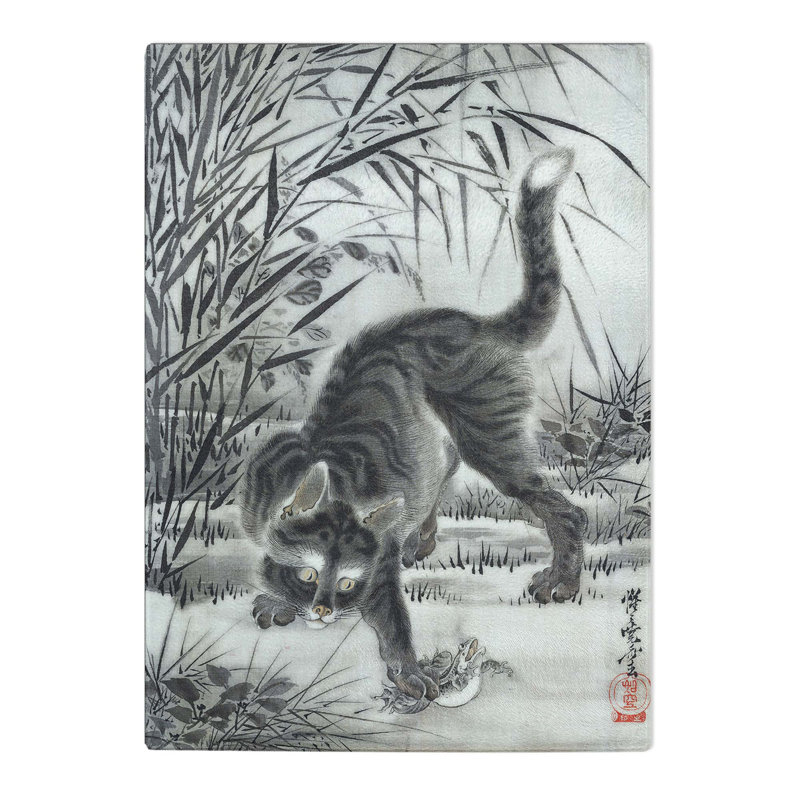 Tempered Glass Cat Catching a Frog by Kawanabe Kyosai Chopping Board, 39cm W x 28.5cm L