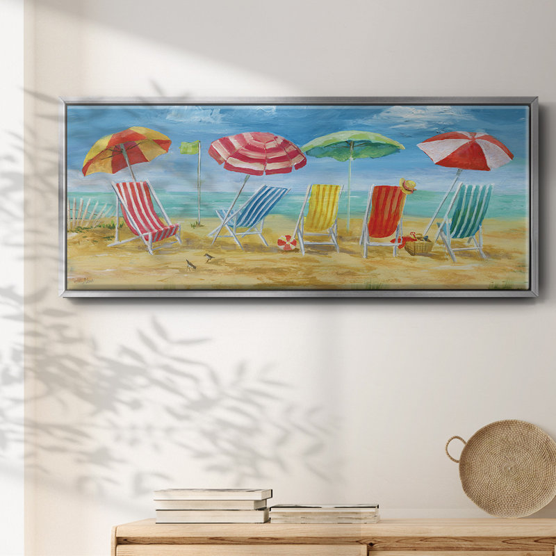 «Bright Beach Chairs», peinture sur toile encadrée, H 20 po x l 50 po x P 1,5 po, Argent