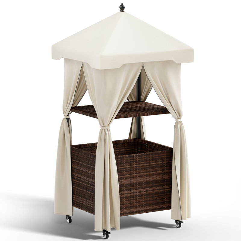 Armoire de rangement extérieure en osier avec auvent, rideaux et roulettes – Étagère roulante étanche pour terrasse, rangement de serviettes de piscine et de jouets – Brun