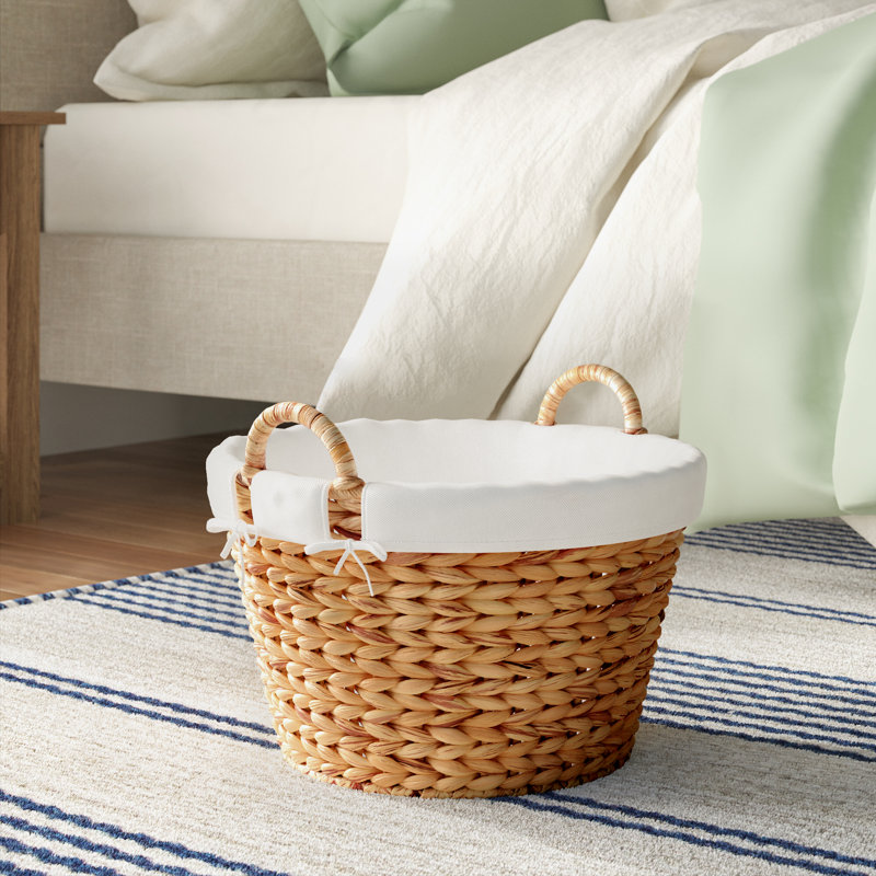 Round Wicker Laundry Basket with Handles in Handwoven Water Hyacinth and Metal Frame, Natural