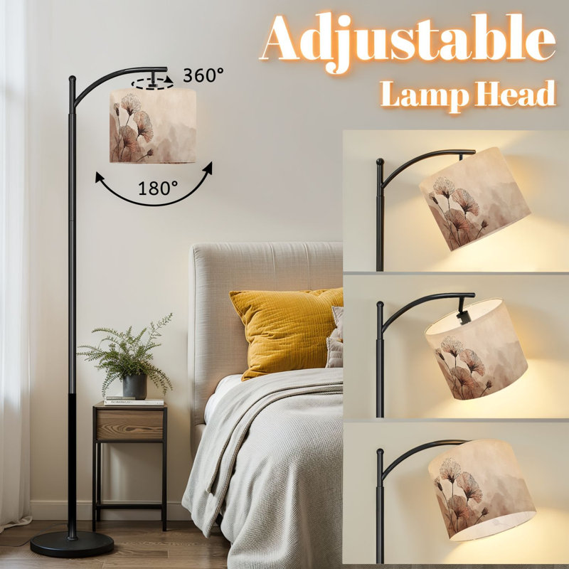 Arc Floor Lamp with Adjustable Lampshade Rustic Floral Vintage Magnolia Flower Brown Farmhouse Delicate Standing Lamp 3 Color Temperatures Dimmable Tall Pole Lamp with Foot Switch for Bedroom
