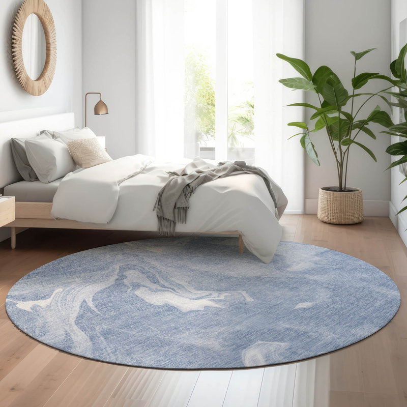 Premium Machine Washable Prisco Blue Rug, Round 8'