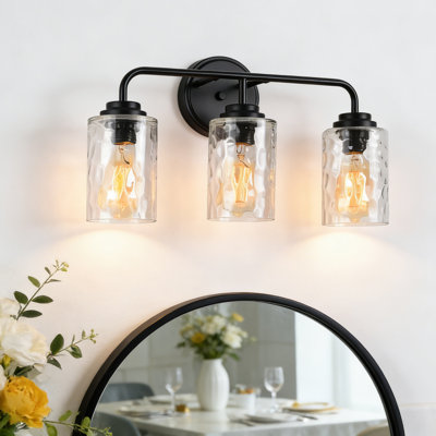 Modern 3-light Dimmable Matte Black Vanity Light With Glacier Glass Shades
