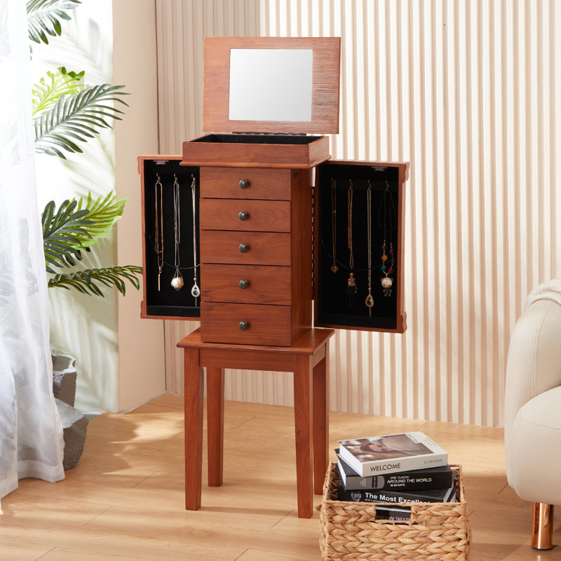 Armoire à bijoux avec miroir de maquillage 5 tiroirs et 8 crochets à colliers avec rangement pour bijoux et 2 portes battantes
