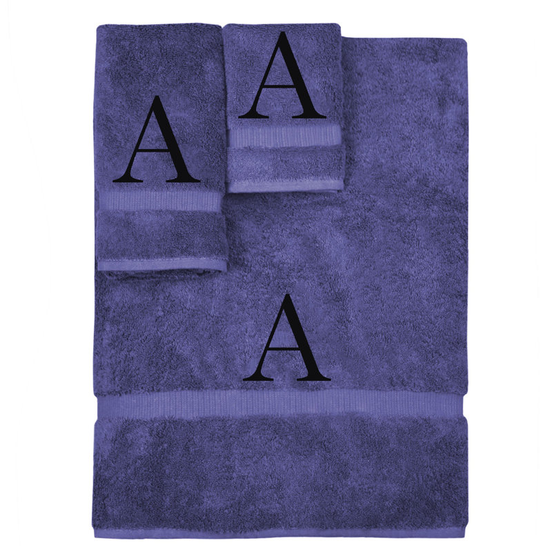 Ensemble de serviettes monogrammées - ensemble de 3 - lettre-bloc, A, Bleu marine / Noir