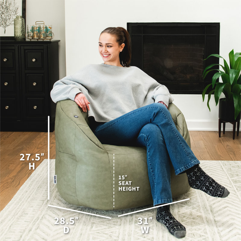 Big Joe Milano Vegan Leather Bean Bag Chair with Massage Function, Olive Green Vegan Leather