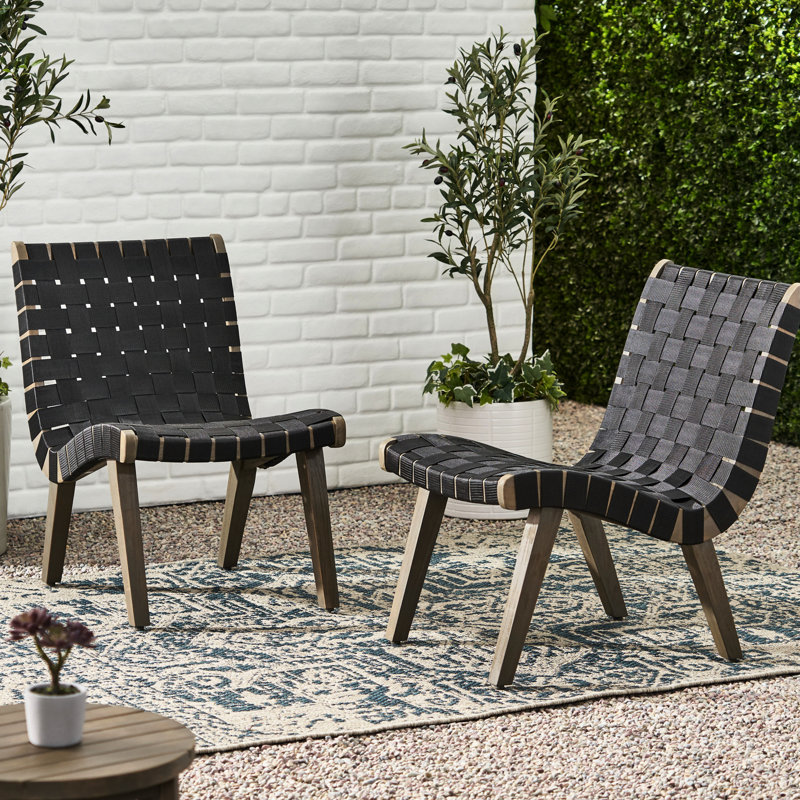 Chaise longue de 2 chaises d'extérieur transitionnelles avec corde robuste et bois, métal noir et 28 po P x P 20,45 po x H 30,55 po, détails de mobilier en bois minimaliste, l 28,59 po x P 20,45 po