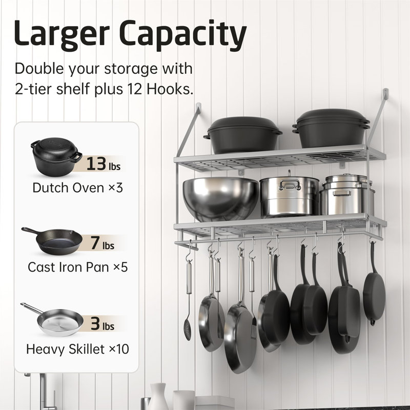 Iron Wall Mounted Pot Rack, Silver