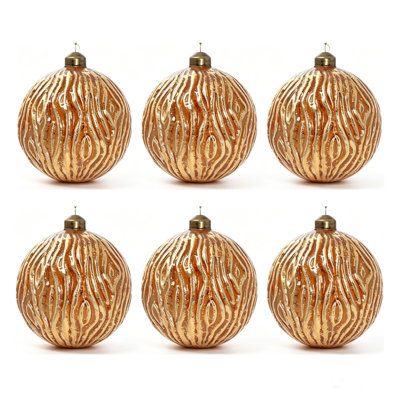 3.9 Inch Warm Amber Gold Embossed Wavy Pattern Glass Hanging Christmas Ball Ornaments for Christmas Tree Holiday Indoor Festival Home Decor Set of 6