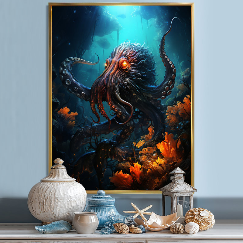 Superheros Octopus Warrior sur impression sur toile, Cadre flottant doré, H 32 po x l 24 po x P 1 po