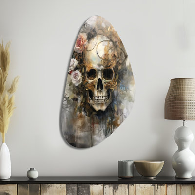 «Skull Blooming Roses - Art mural en forme de crâne de forme unique, sculpture murale asymétrique en métal