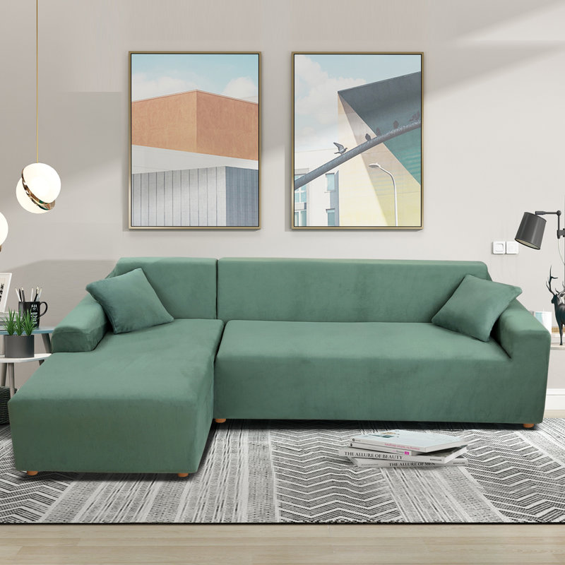 Thick Velvet L-Shaped Sofa Cover - Sectional Sofa Cover With 2 Throw Pillow Covers, Têal
