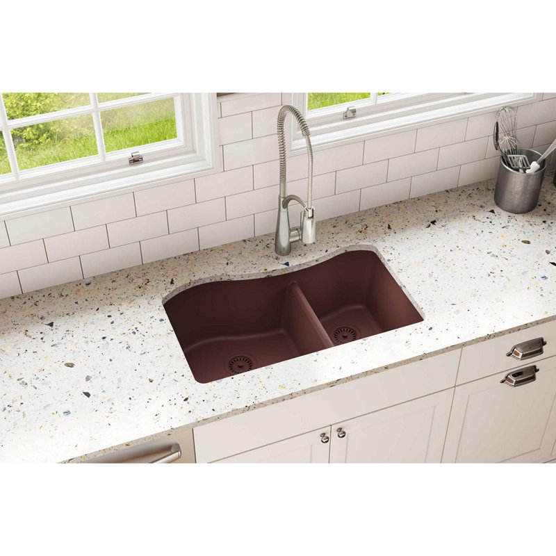 Quartz Classic 32-1/2" x 20" x 10" Double Basin Undermount Kitchen Sink, Pecan