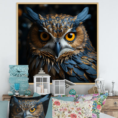 «Blue and Yellow Magestic Owl Contemporary Stare», art mural animal sur toile
