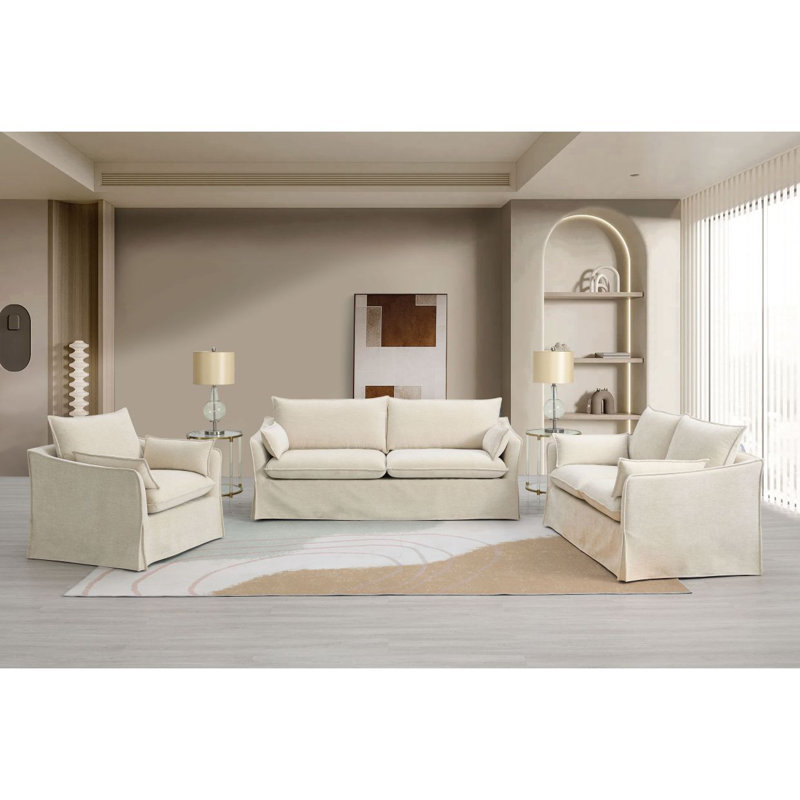 Ensemble de salon 3 pièces en lin Shane Beige (canapé, causeuse, fauteuil)