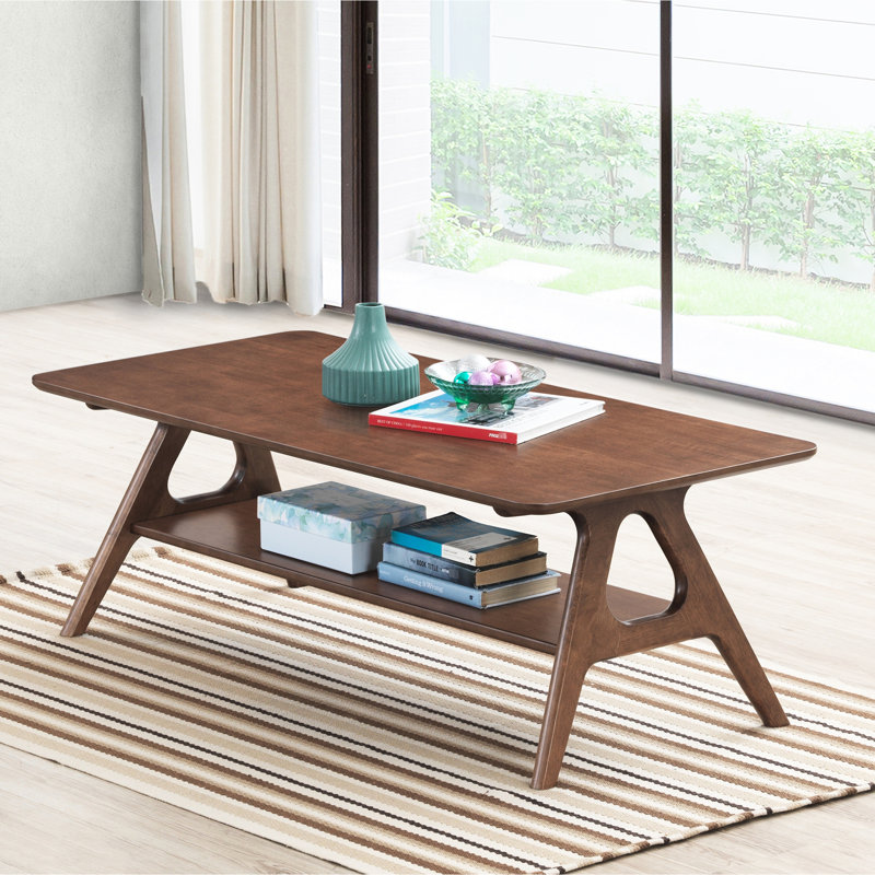 Table basse avec tablette, look moderne de style Mid-Century, tablette en bois d'hévéa avec finition noyer
