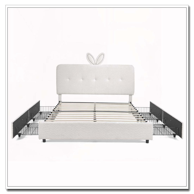 Lit tapissier avec tête de lit surdimensionnée, lumière DEL et 4 tiroirs de rangement, Lit double, Beige