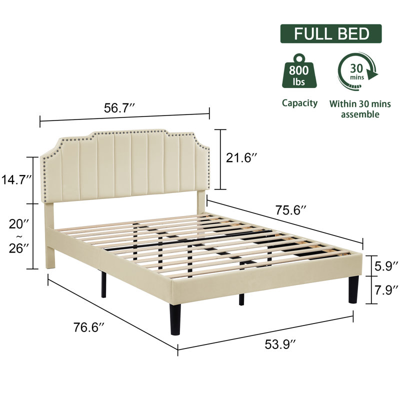 Lit double avec tête de lit capitonnée réglable, lit plateforme, sommier à ressorts, aucun sommier nécessaire, Beige, Double