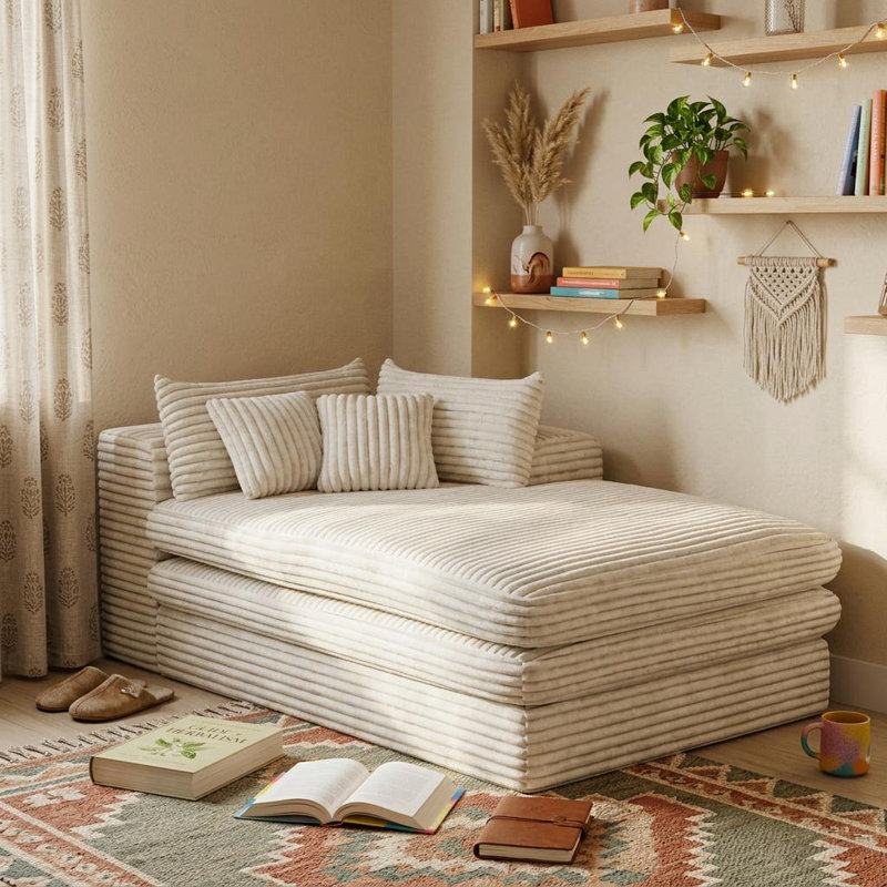 Chaise longue 67 po en velours côtelé blanc faisant face à la droite