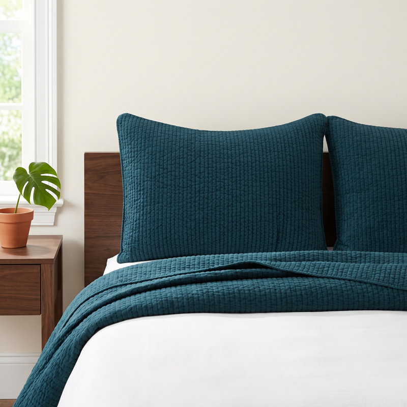 Stonewashed Velvet Cotton Quilted Modern Rustic Pillow Sham, Standard/Twin, Navy