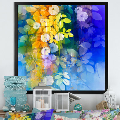 «Yellow and Blue Abstract Flowers», peinture sur toile traditionnelle